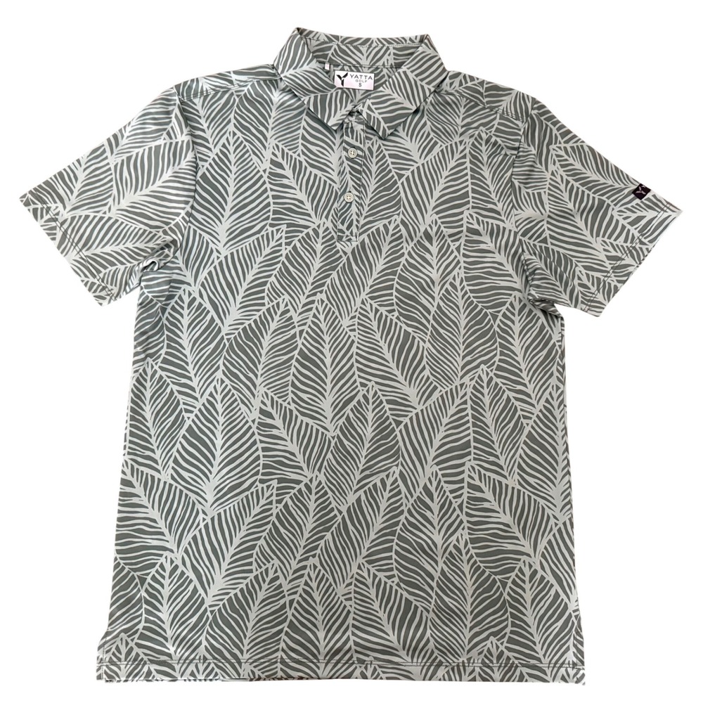 Yatta Golf Men's Small Leaf Print Performance Polo Green White Short Sleeve
